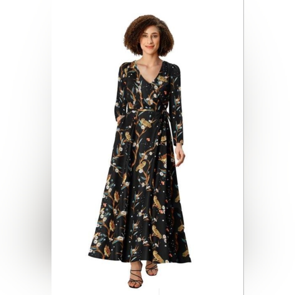 eShakti Wrap Maxi Dress with Ruched Long Sleeves in Owl Print